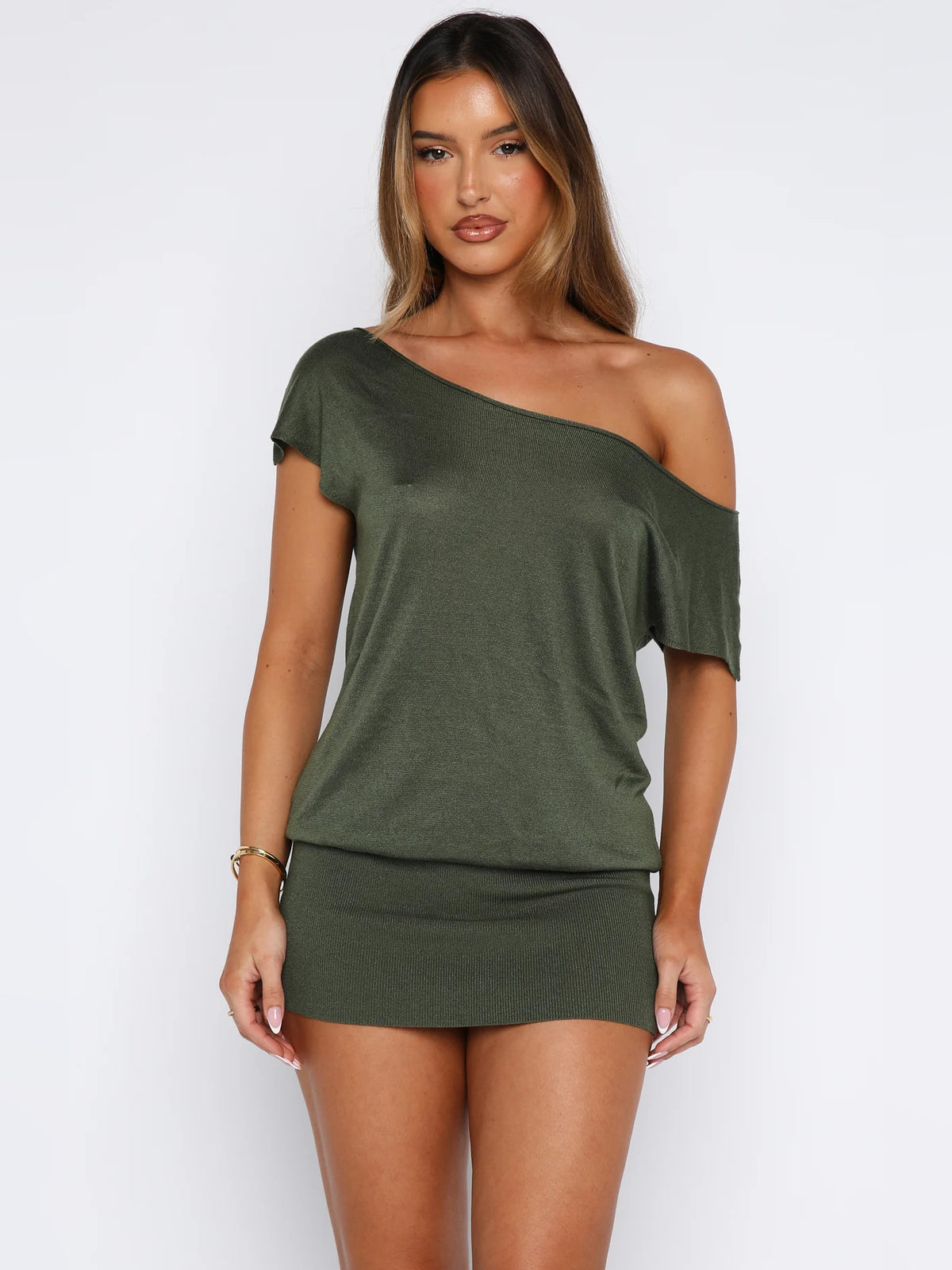 Olive mini homecoming dress, alternate view showing the overall dress design