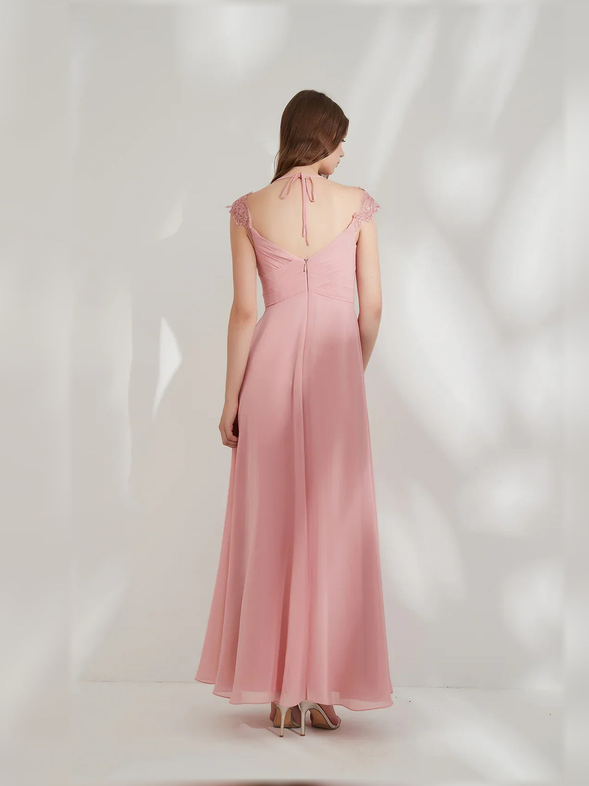 Peach a-line floor-length formal dress with draping, alternate view showing the waist