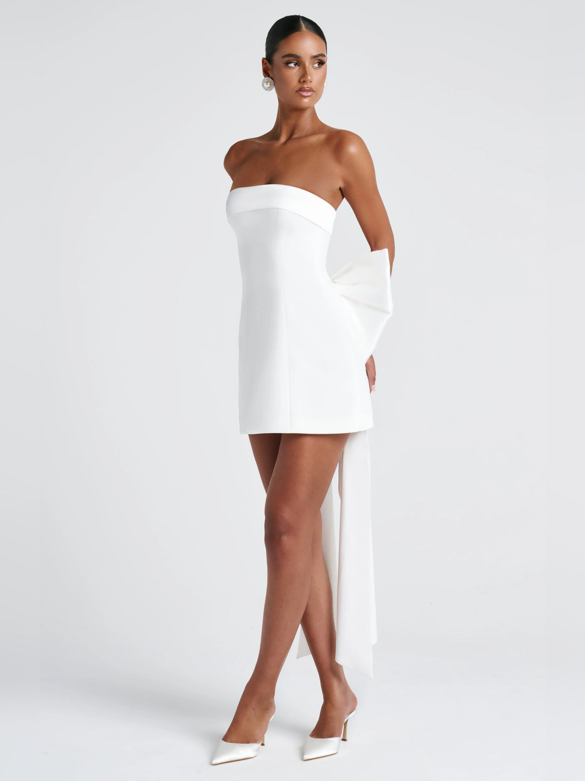 Ivory mini homecoming dress, alternate view showing the overall dress design