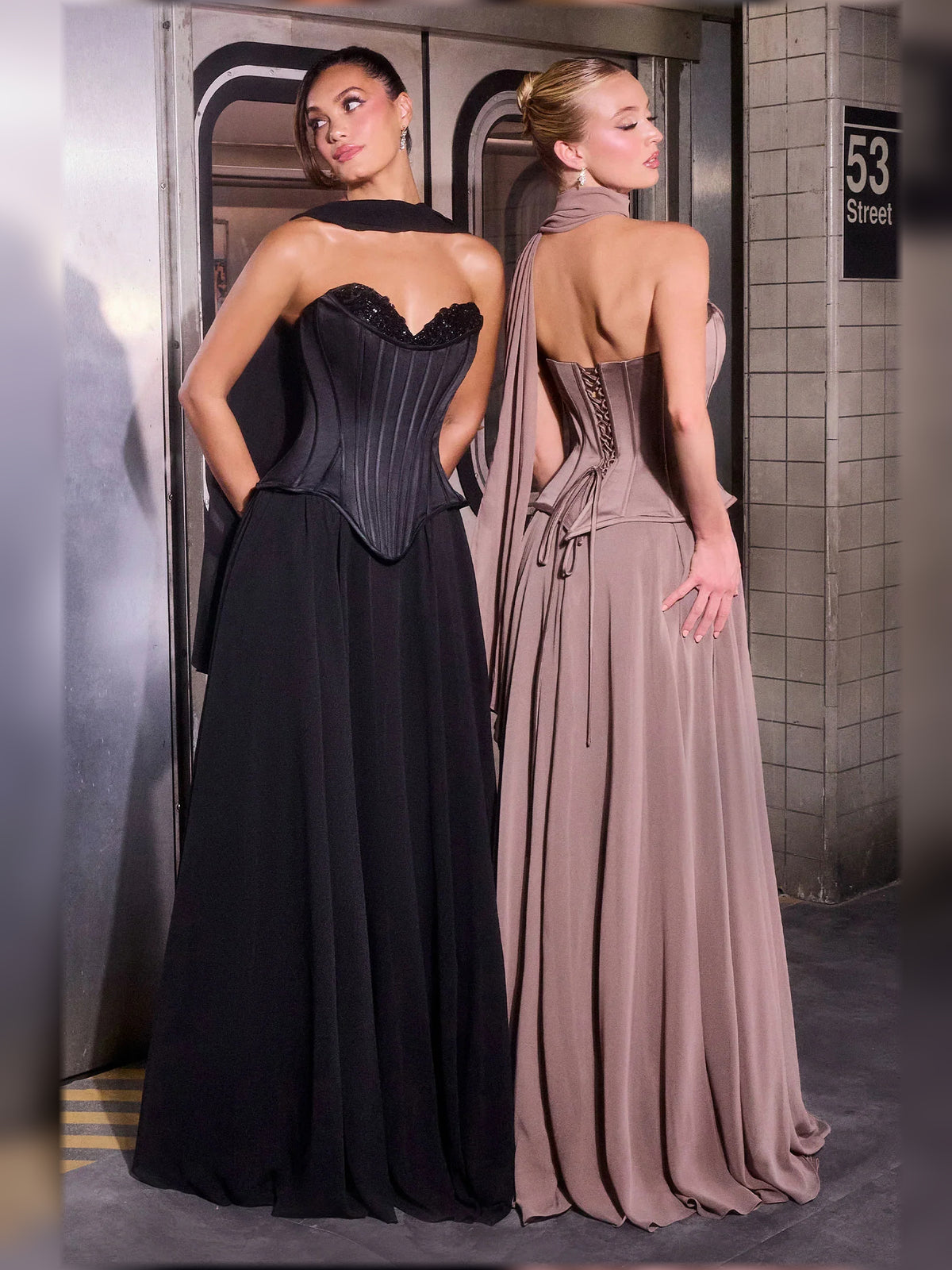 Vintage Mauve fit-and-flare floor-length formal dress with corset-style bodice, alternate view