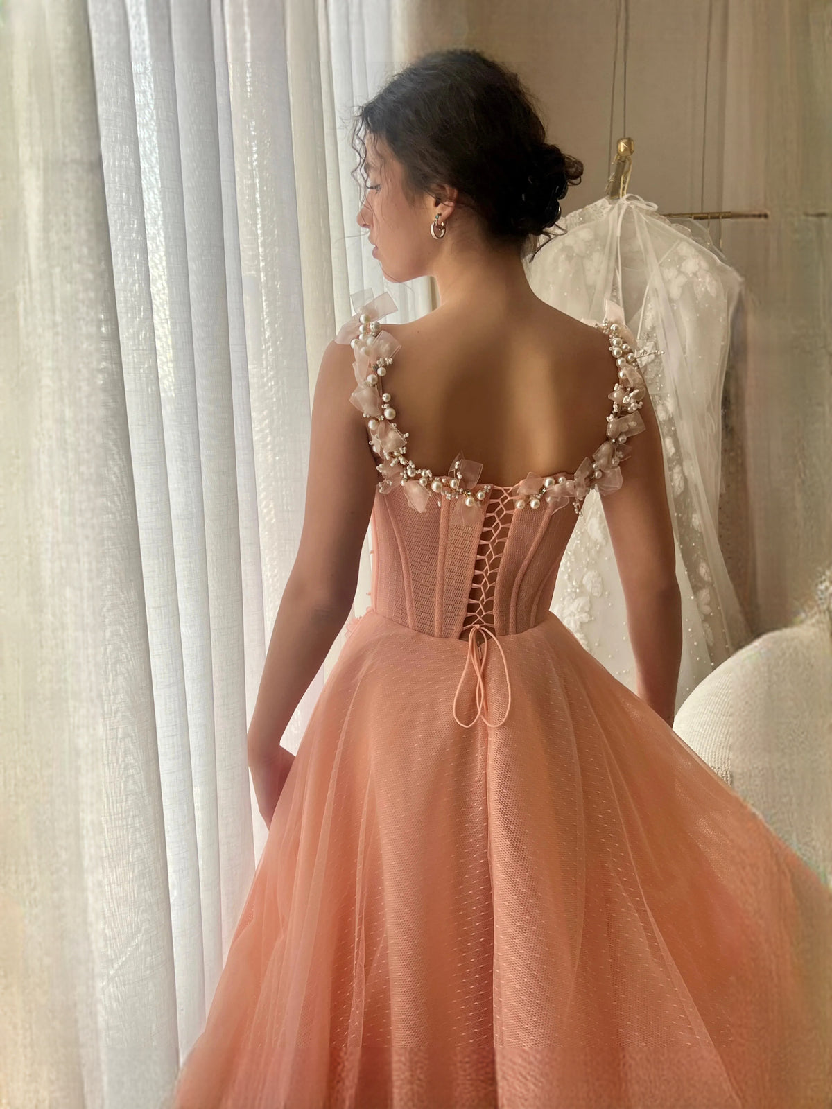 Apricot floor-length prom dress, alternate view showing the overall dress design