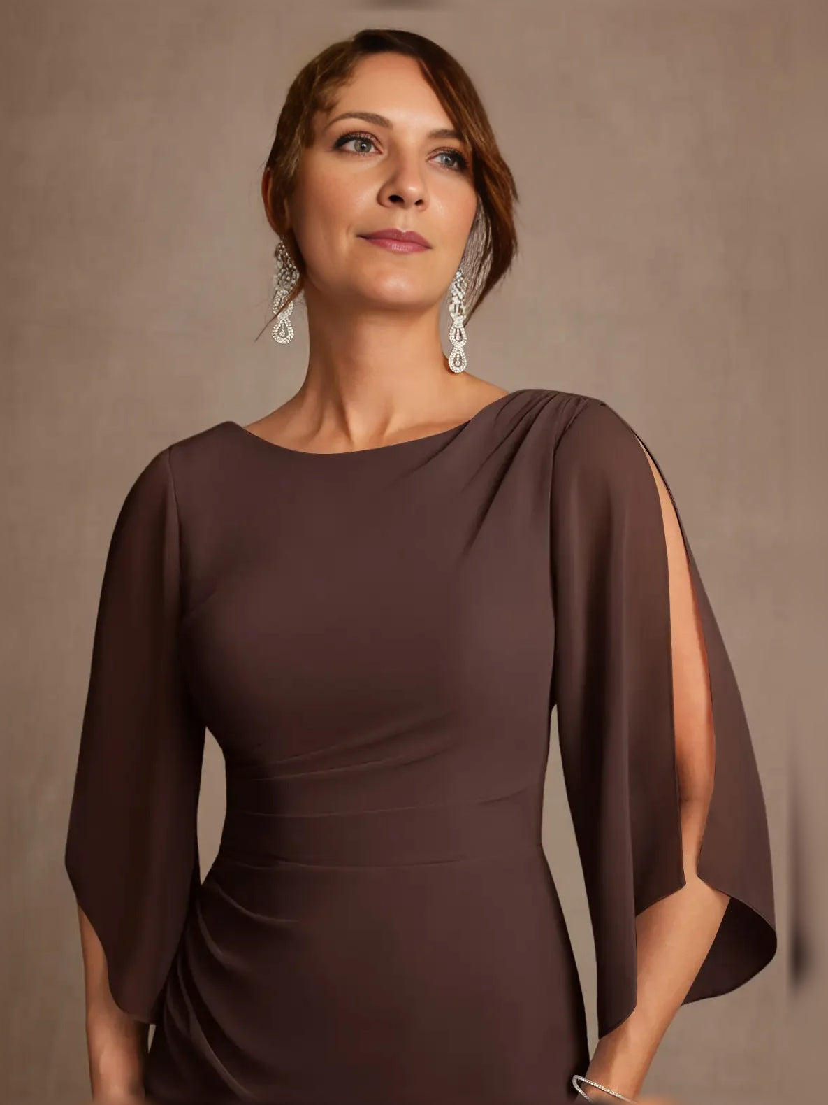 Chocolate floor-length mother of the bride dress, alternate view showing the overall dress design