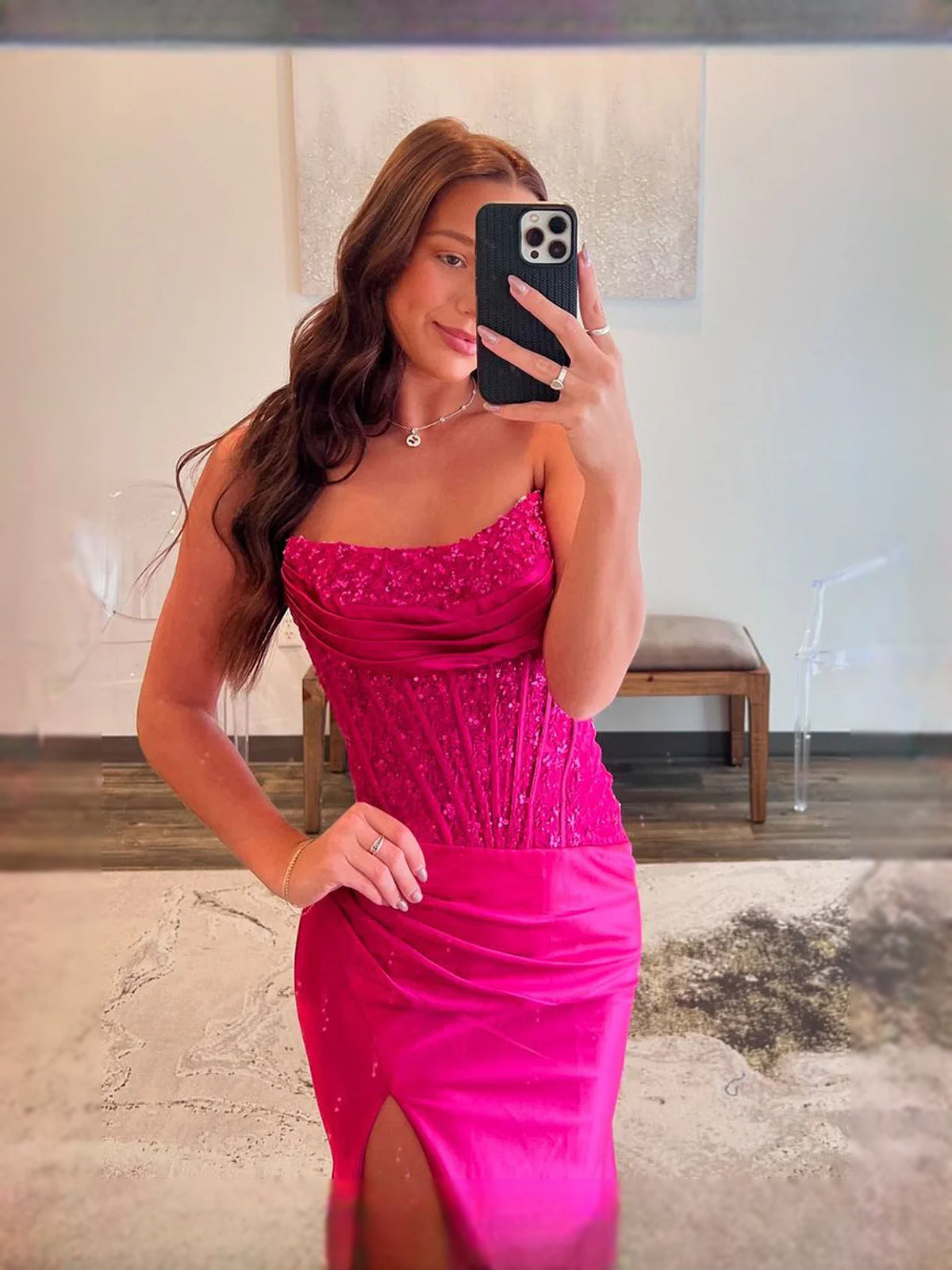 Hot Pink floor-length prom dress, alternate view showing the overall dress design