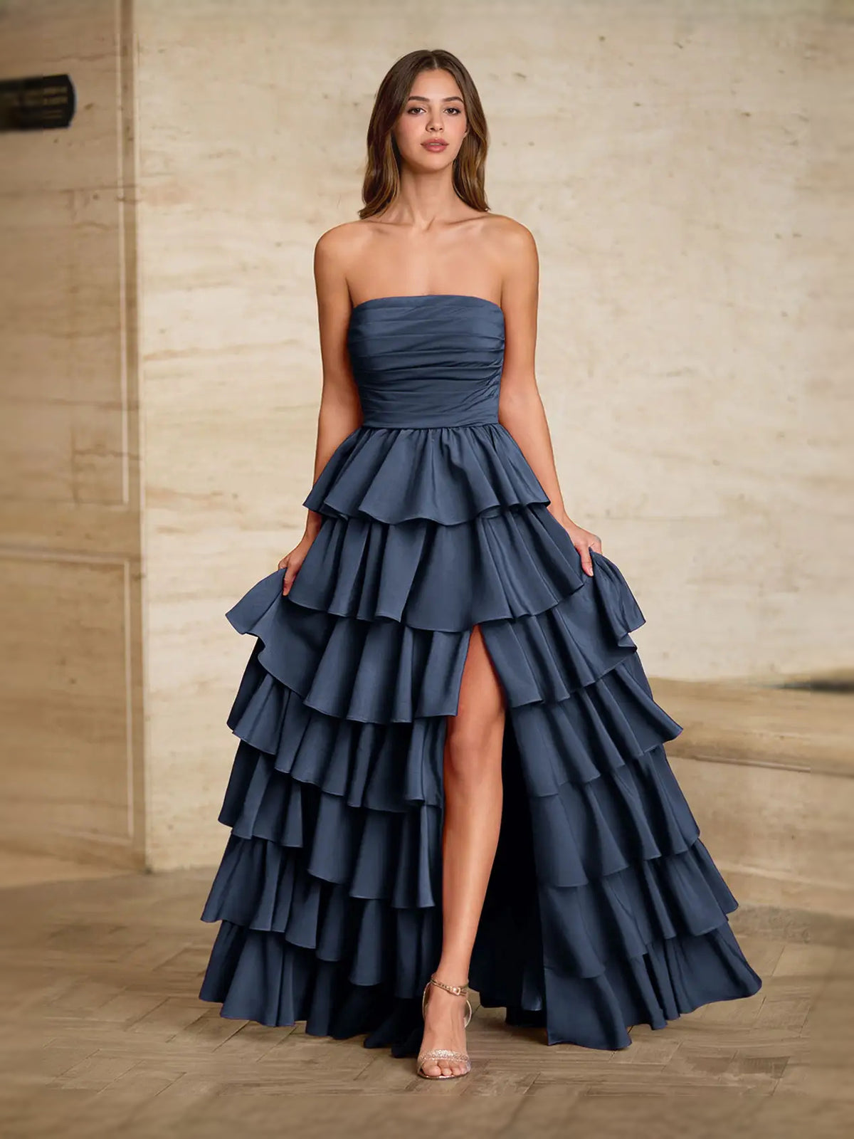 Navy Blue maxi prom dress, alternate view showing the overall dress design