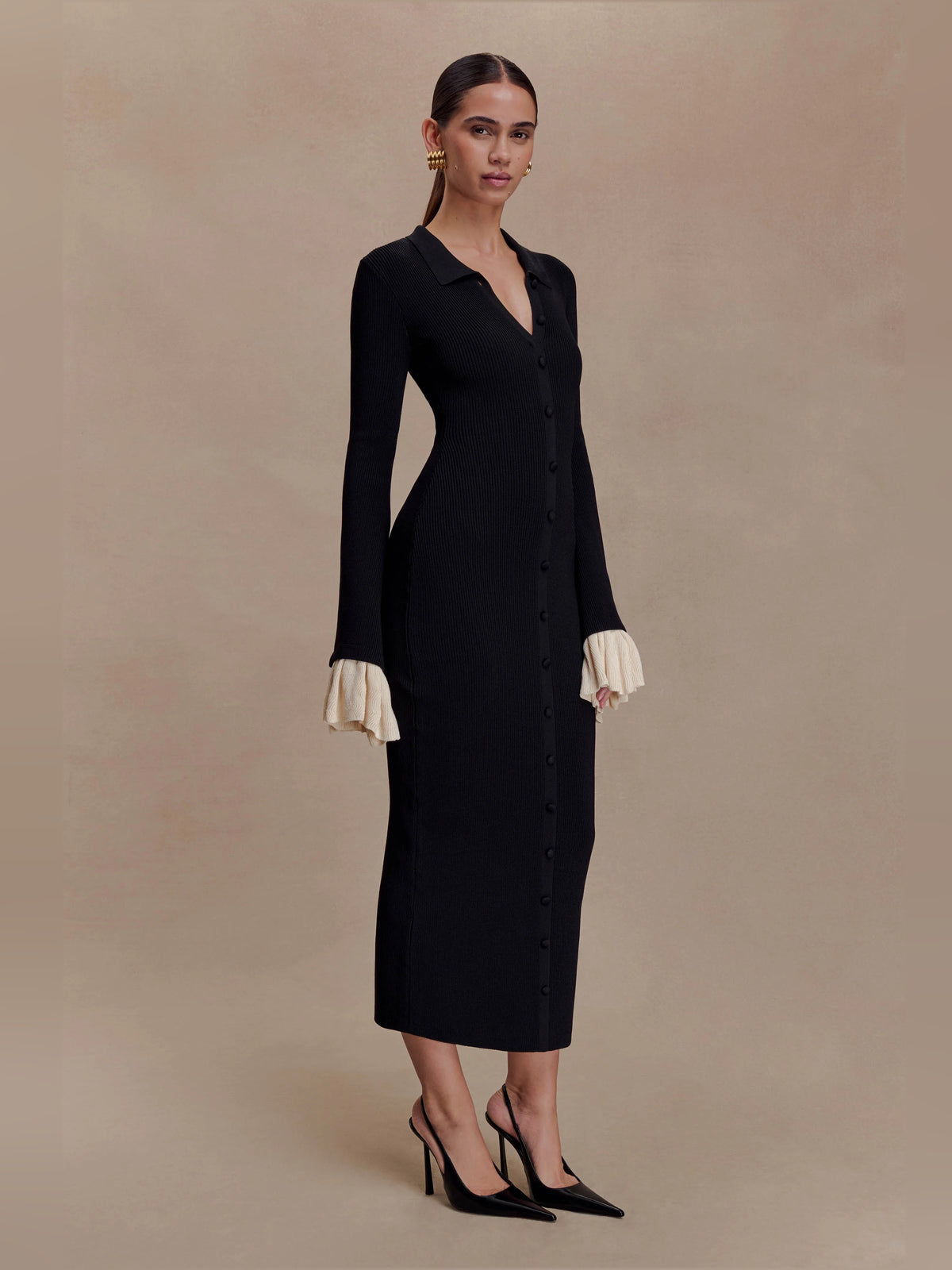 Black midi formal dress with ruffle details, alternate view showing the waist