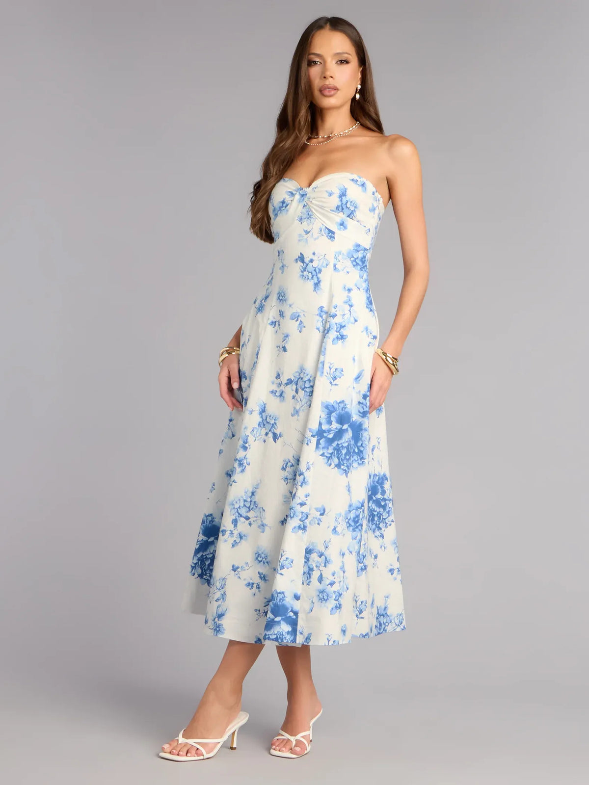 Blue Print a-line midi formal dress with floral print, alternate view showing the waist