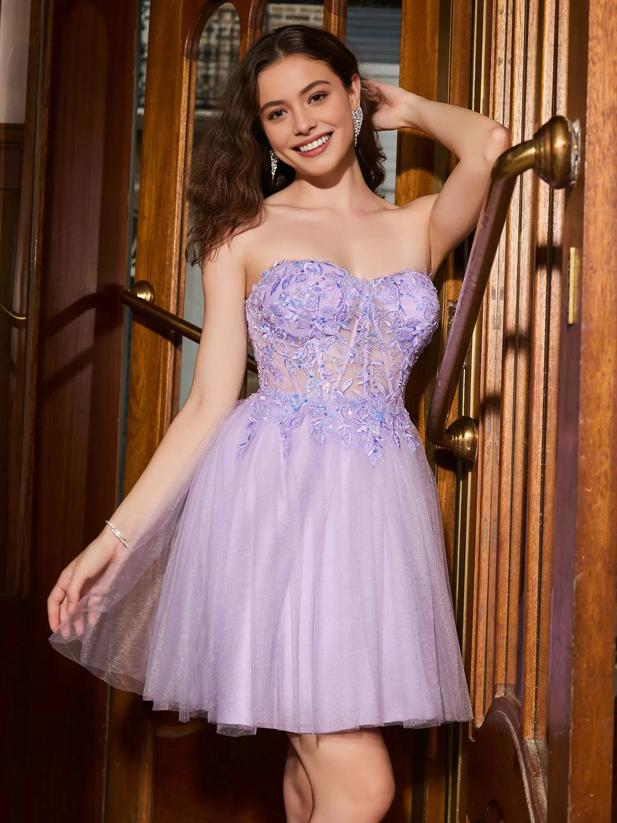 Lilac mini homecoming dress, alternate view showing the overall dress design
