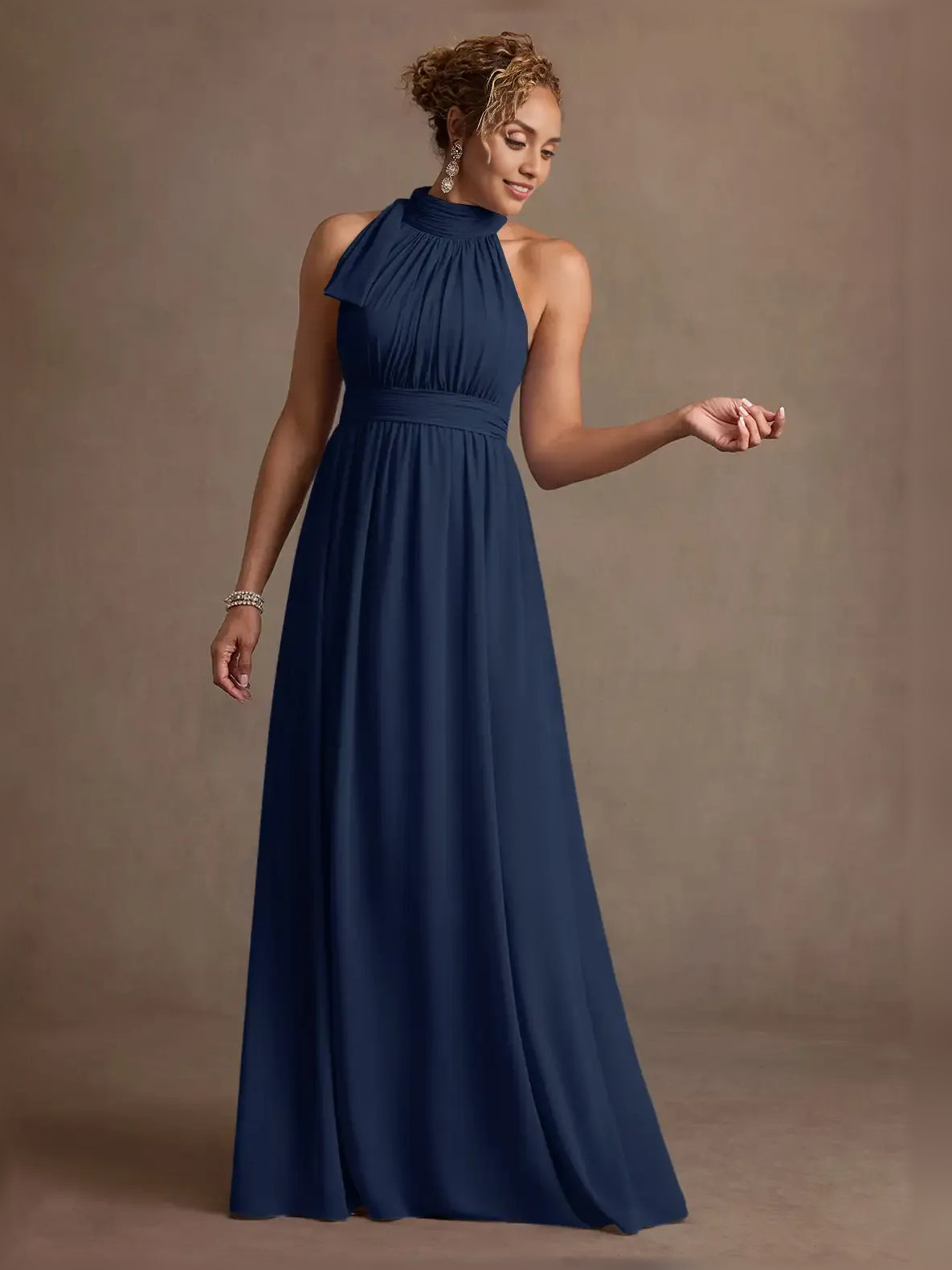 Navy Blue a-line floor-length formal dress with bow detail, alternate view showing the waist