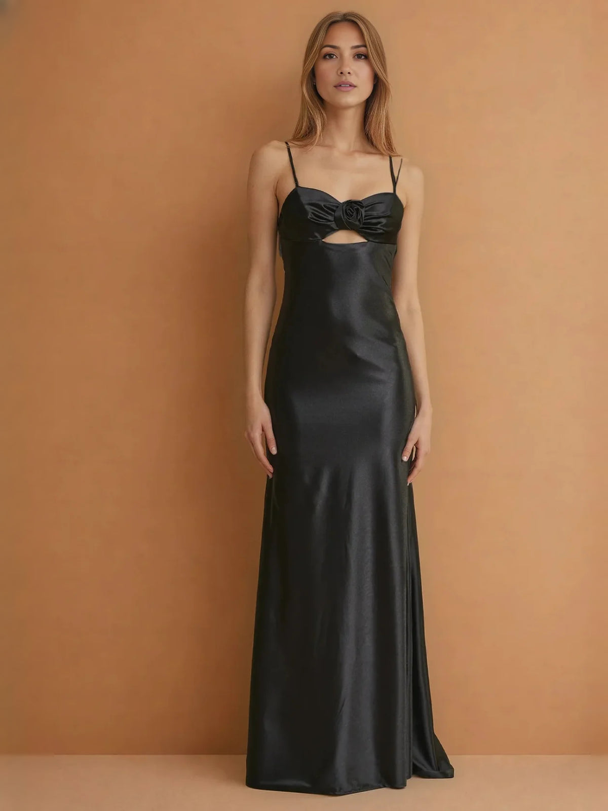 Black maxi prom dress, alternate view showing the overall dress design