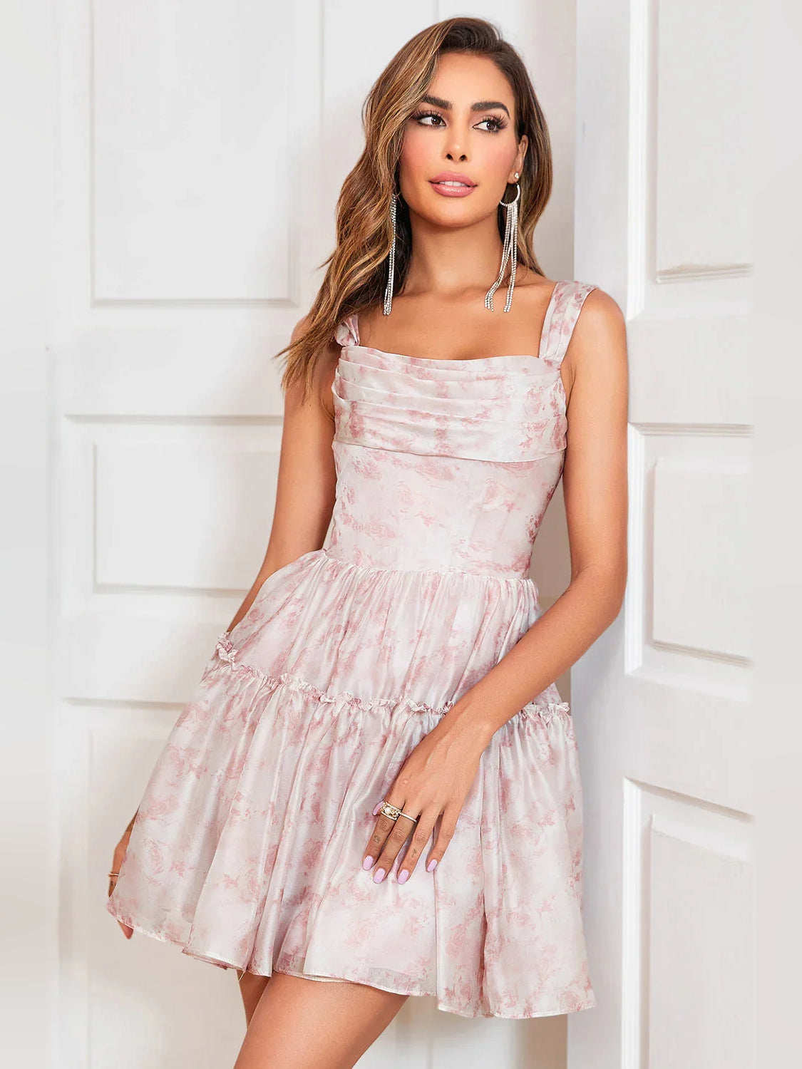 Blush Pink mini homecoming dress, alternate view showing the overall dress design