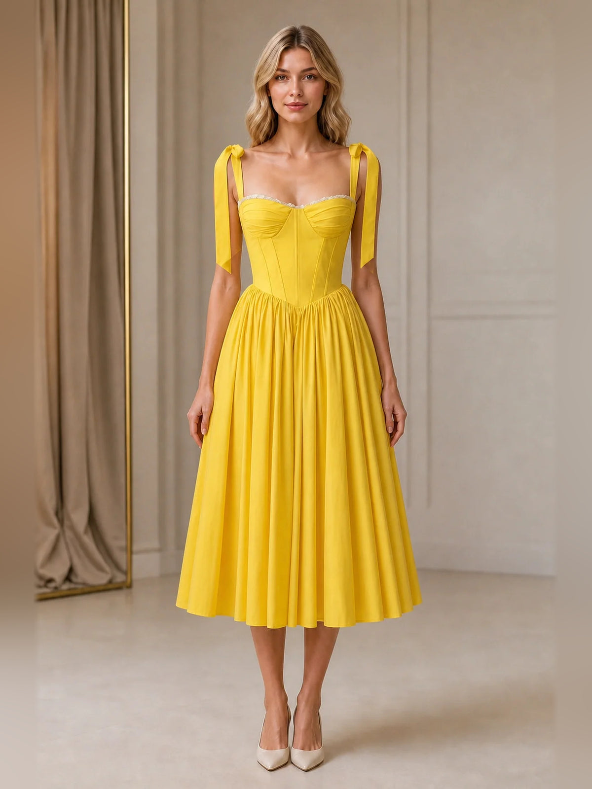 Yellow midi homecoming dress, alternate view showing the overall dress design