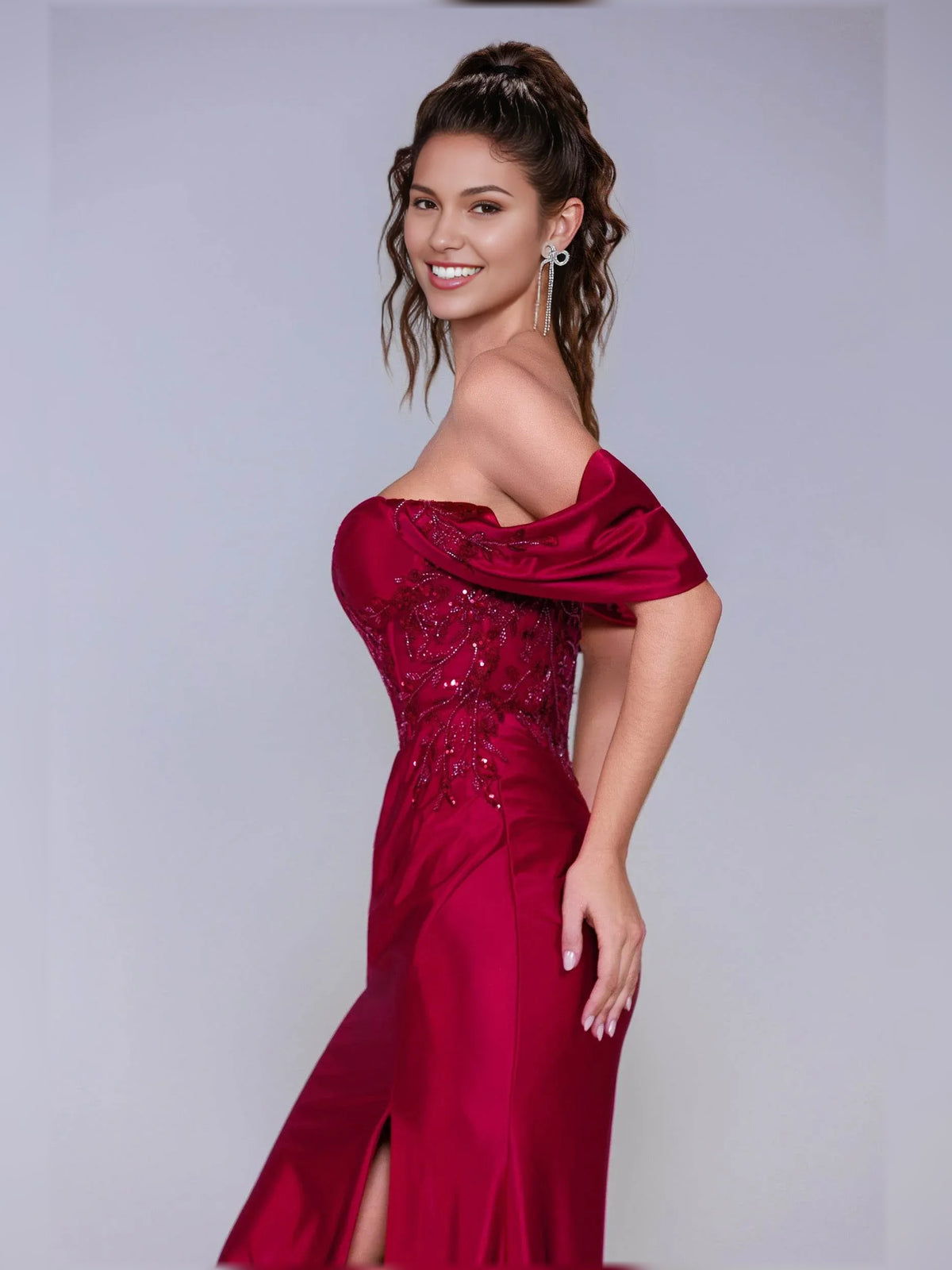 Deep Red sheath floor-length formal dress with ruching, alternate view