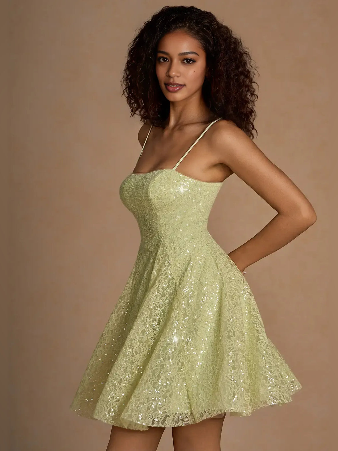 Sage Green mini homecoming dress, alternate view showing the overall dress design