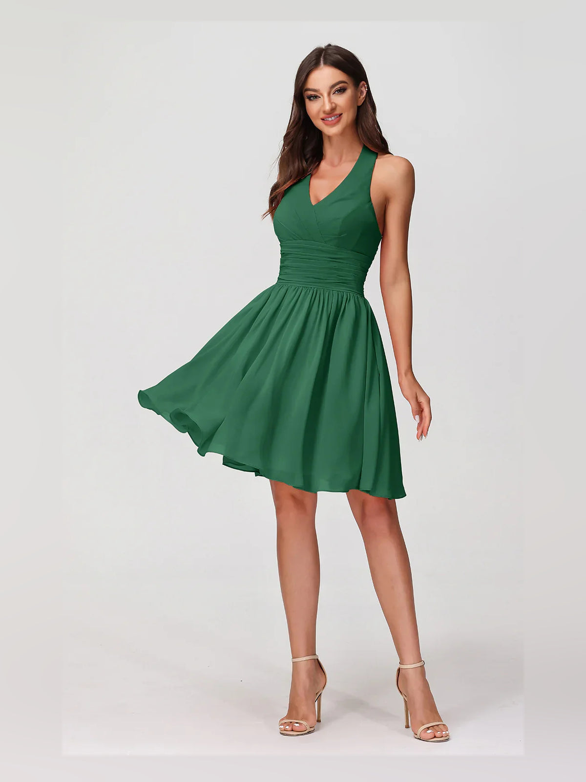 Dark Green mini bridesmaid dress, alternate view showing the overall dress design