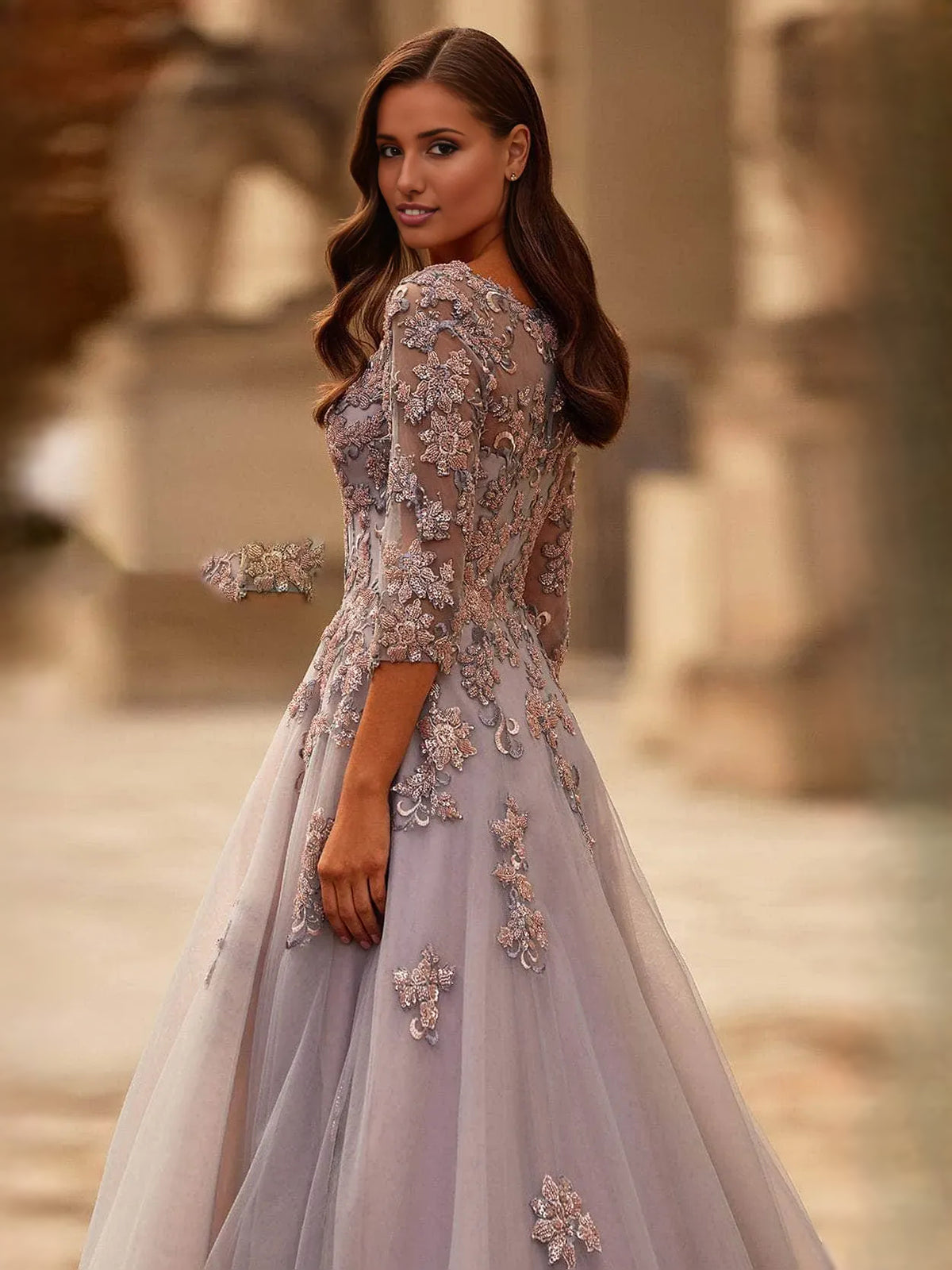 Dusk a-line floor-length formal dress with floral appliqué, alternate view showing the waist