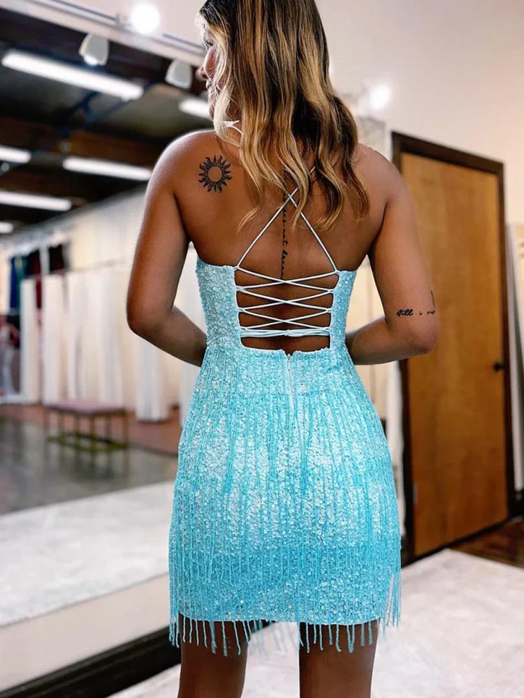 Light Blue mini homecoming dress, alternate view showing the overall dress design