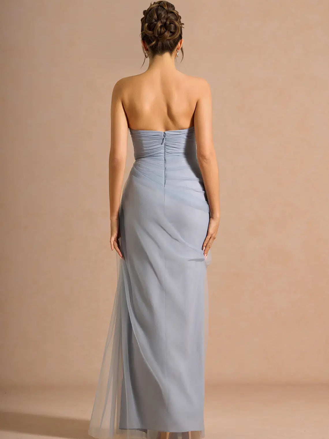 Powder Blue column floor-length formal dress with ruching, alternate view