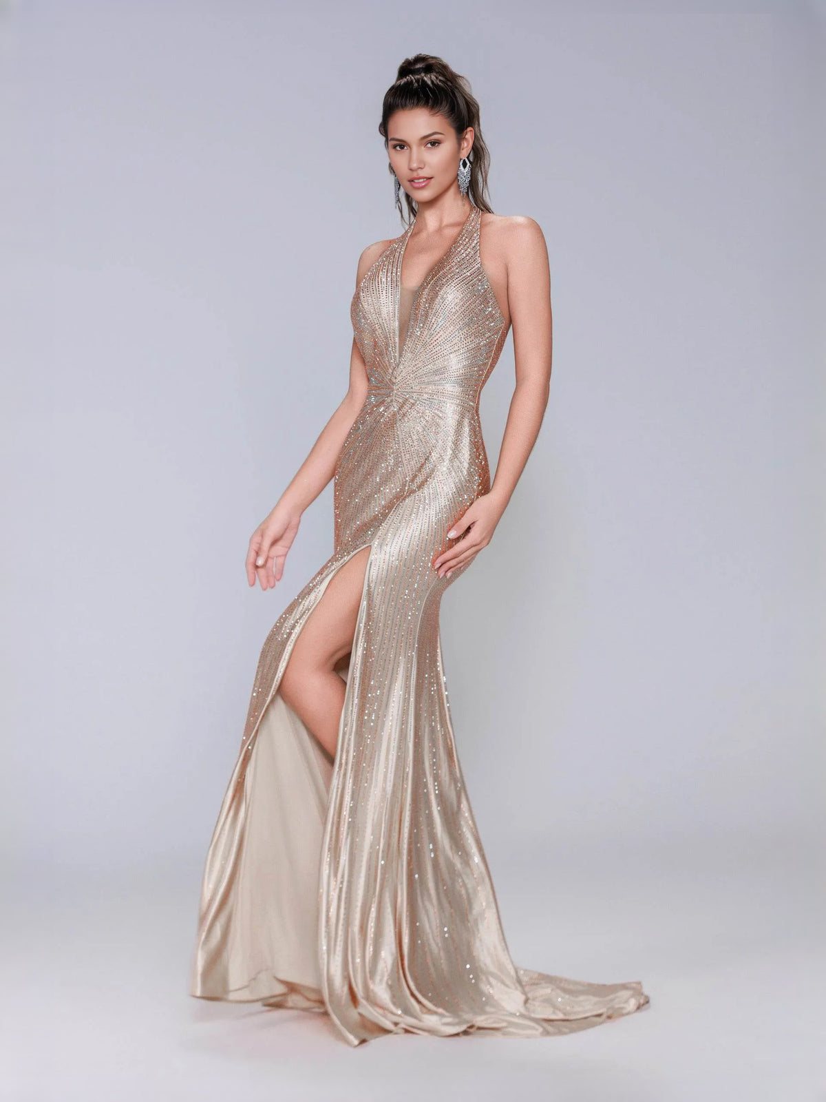 Champagne floor-length prom dress, alternate view showing the overall dress design