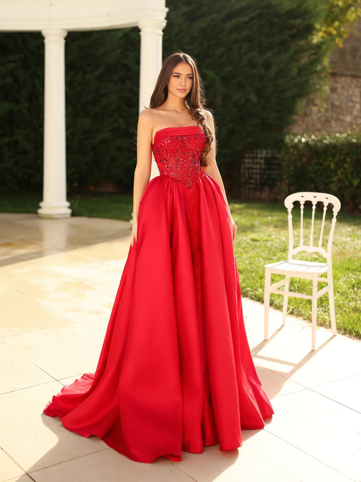 Red floor-length prom dress, alternate view showing the overall dress design