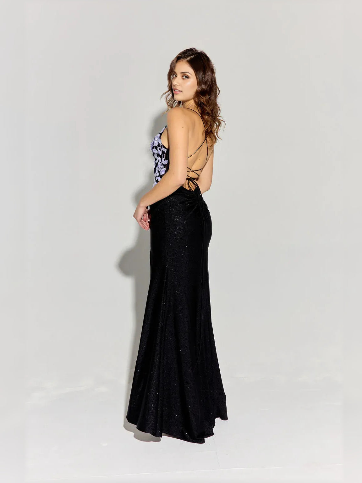 Baby Blue mermaid floor-length formal dress with corset-style bodice, alternate view