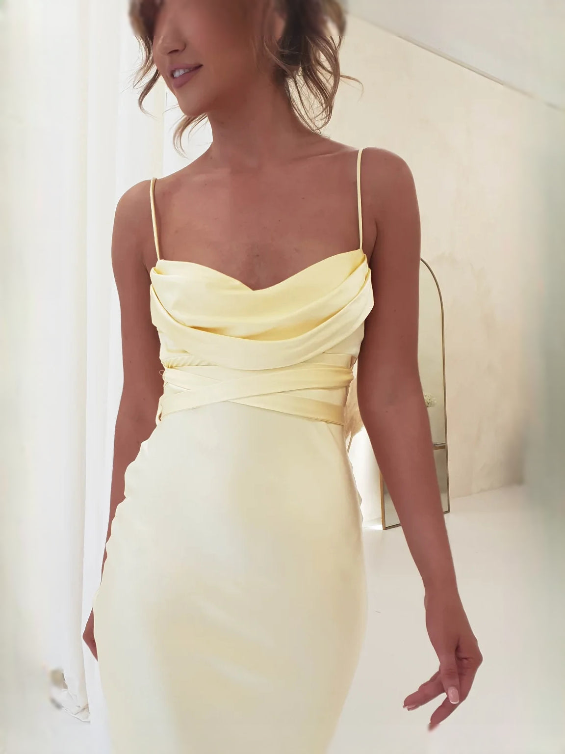 Yellow ankle-length bridesmaid dress, alternate view showing the overall dress design