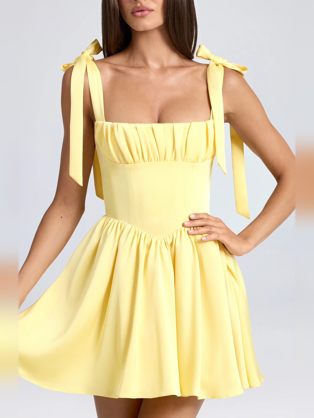 Yellow mini homecoming dress, alternate view showing the overall dress design
