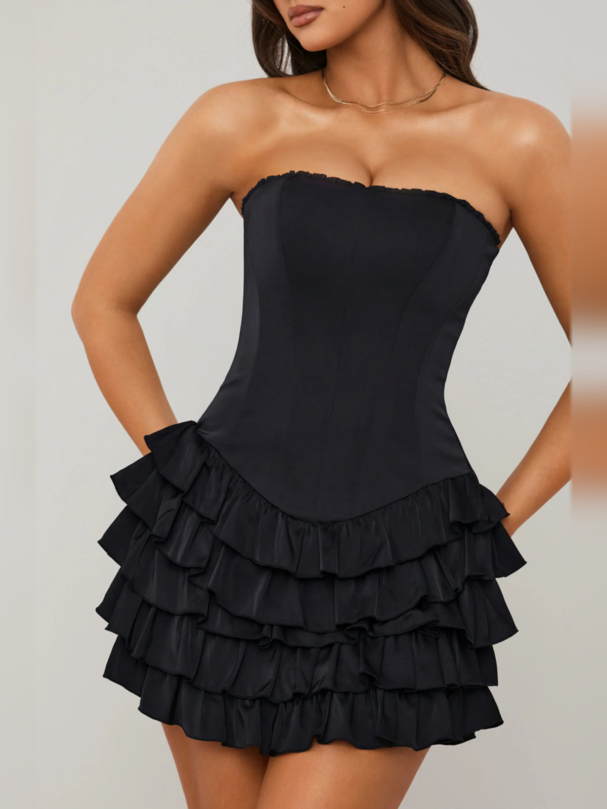 Black mini homecoming dress, alternate view showing the overall dress design