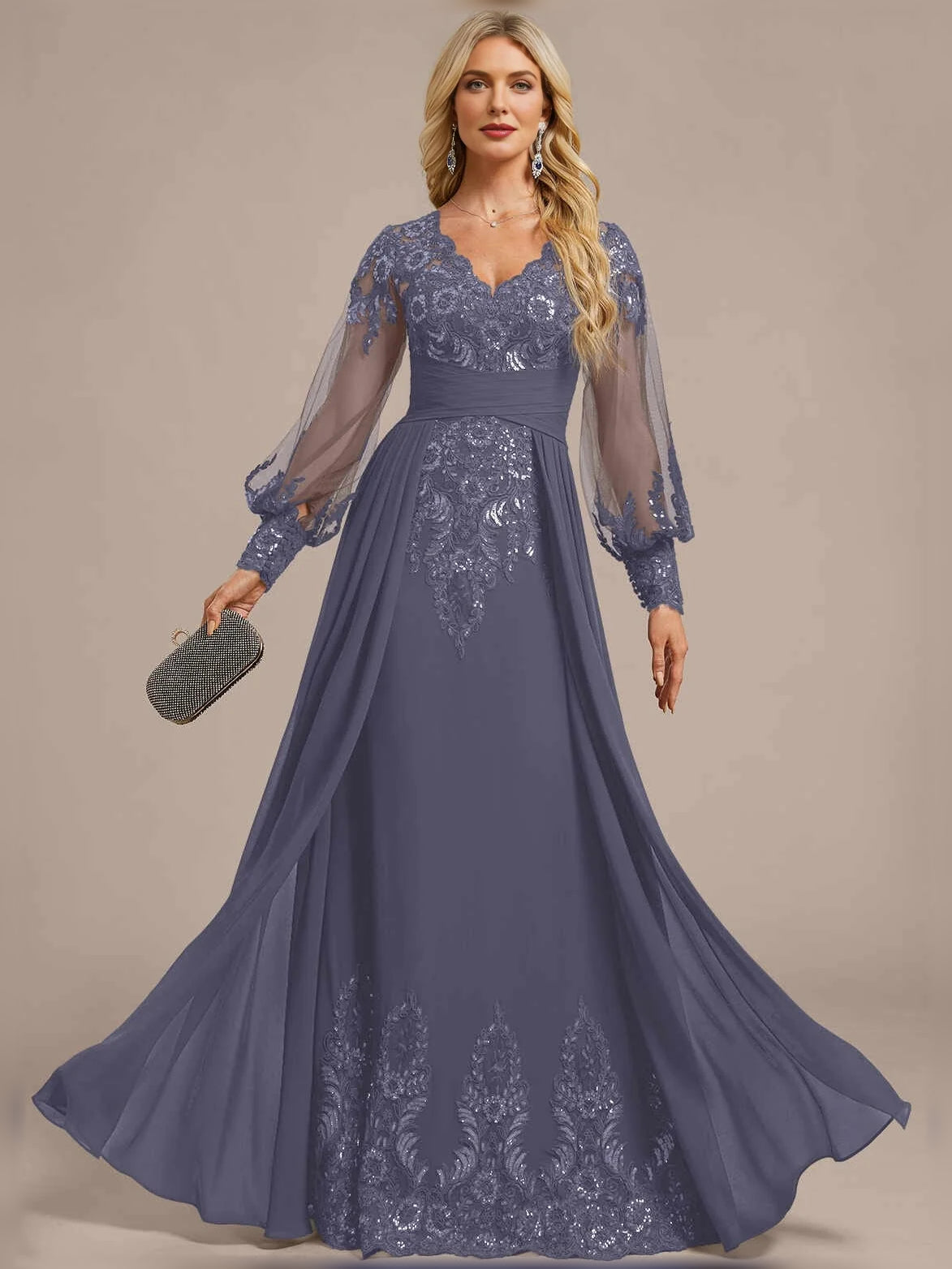 Dusty Blue floor-length mother of the bride dress, alternate view showing the overall dress design