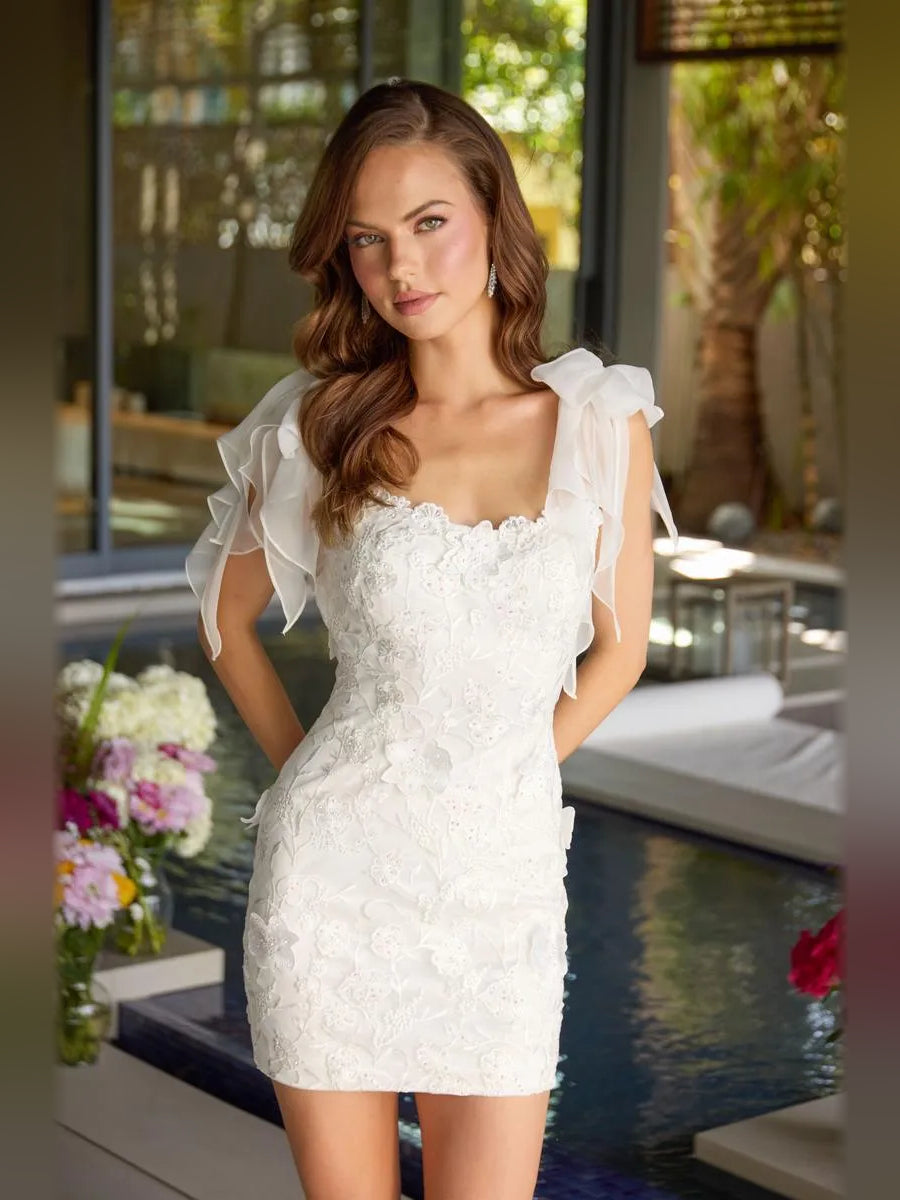 White mini homecoming dress, alternate view showing the overall dress design
