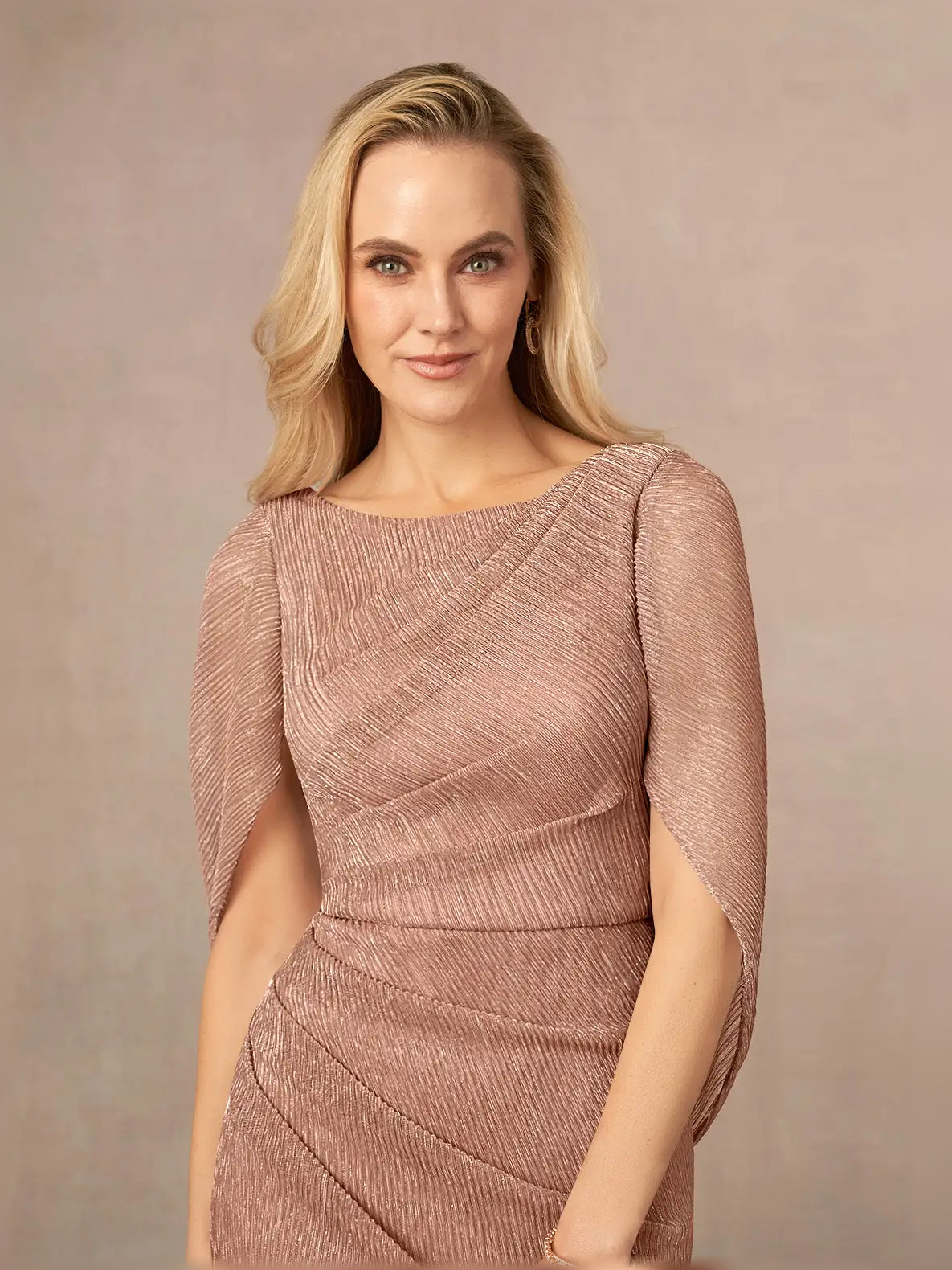 Rose Gold maxi mother of the bride dress, alternate view showing the overall dress design