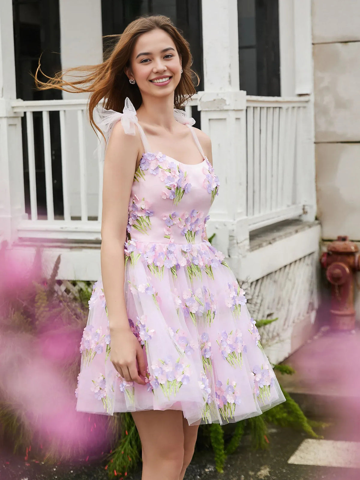 Blush Pink mini homecoming dress, alternate view showing the overall dress design
