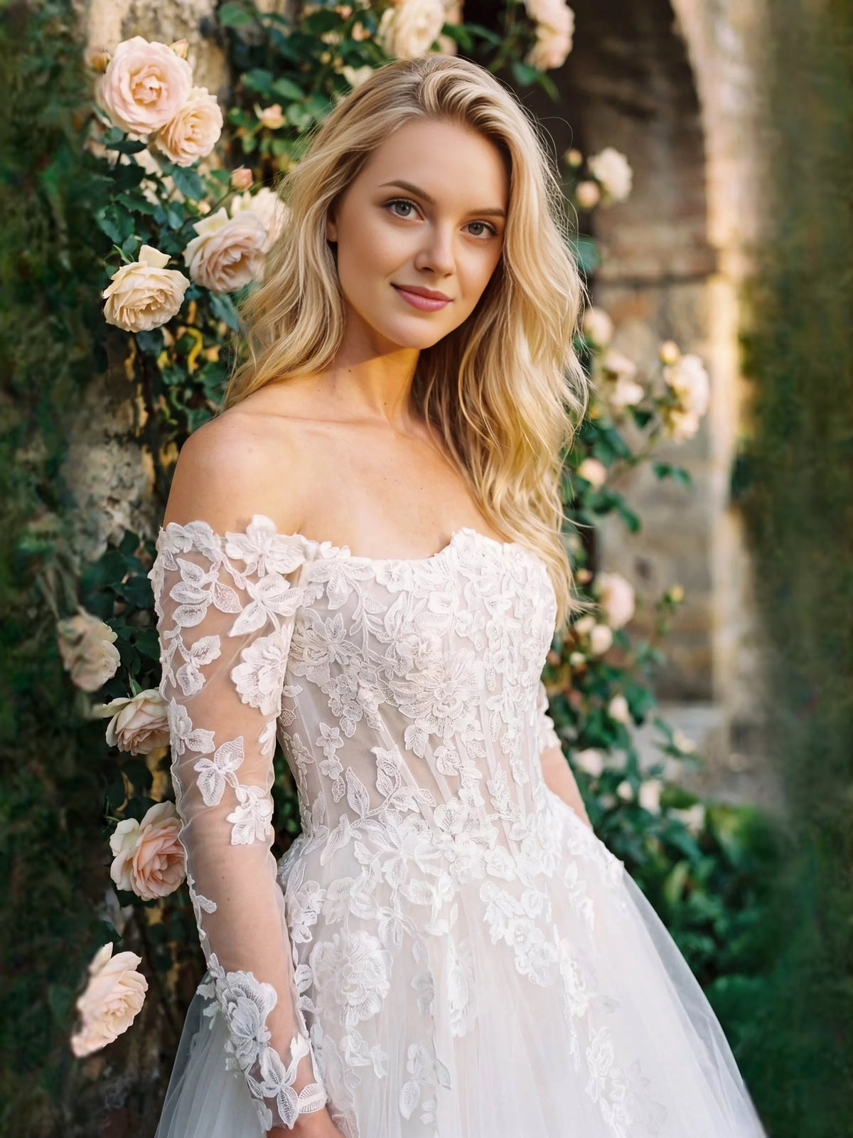 Ivory floor-length wedding dress, alternate view showing the overall dress design