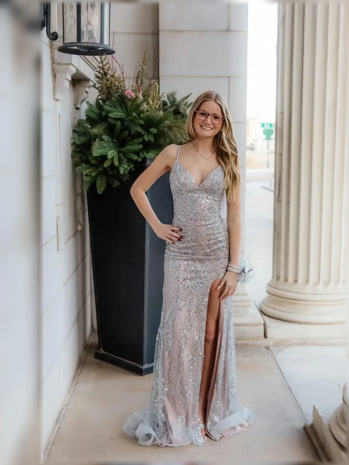Silver mermaid floor-length formal dress with beading, alternate view showing the waist