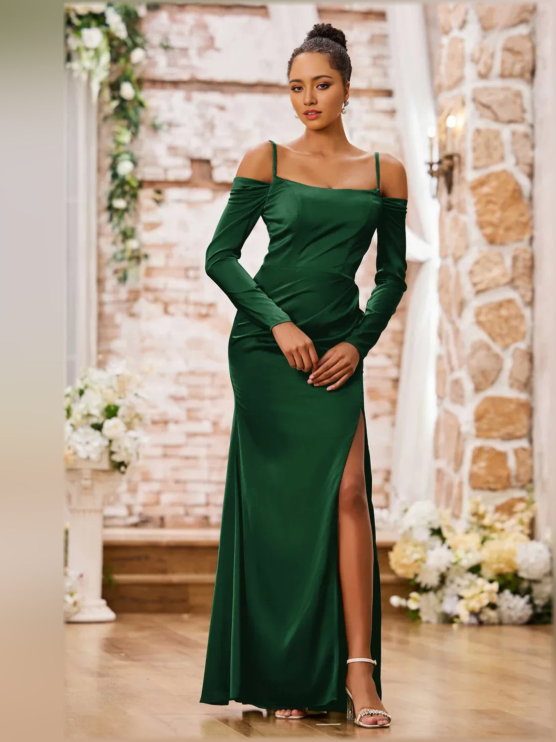 Dark Green mermaid floor-length formal dress with skirt slit, alternate view