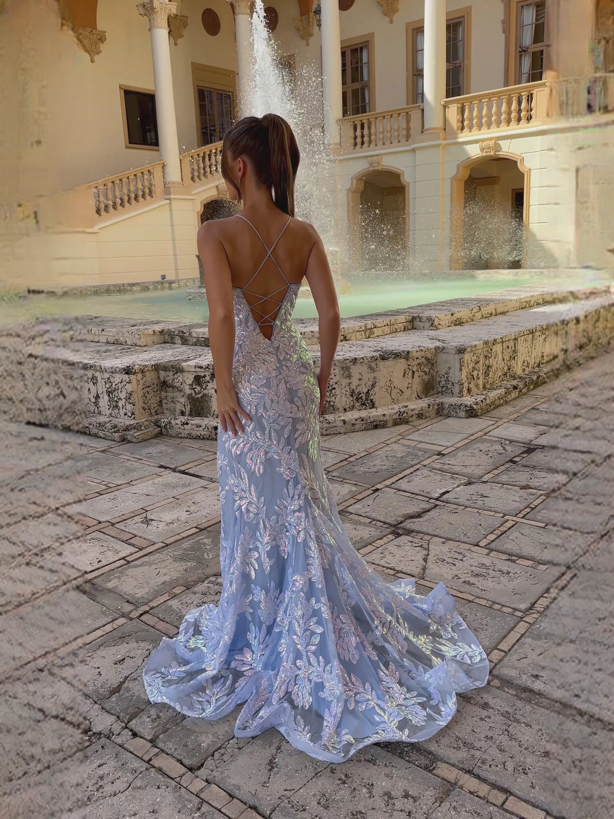 Light Blue sheath floor-length formal dress with sequins, alternate view