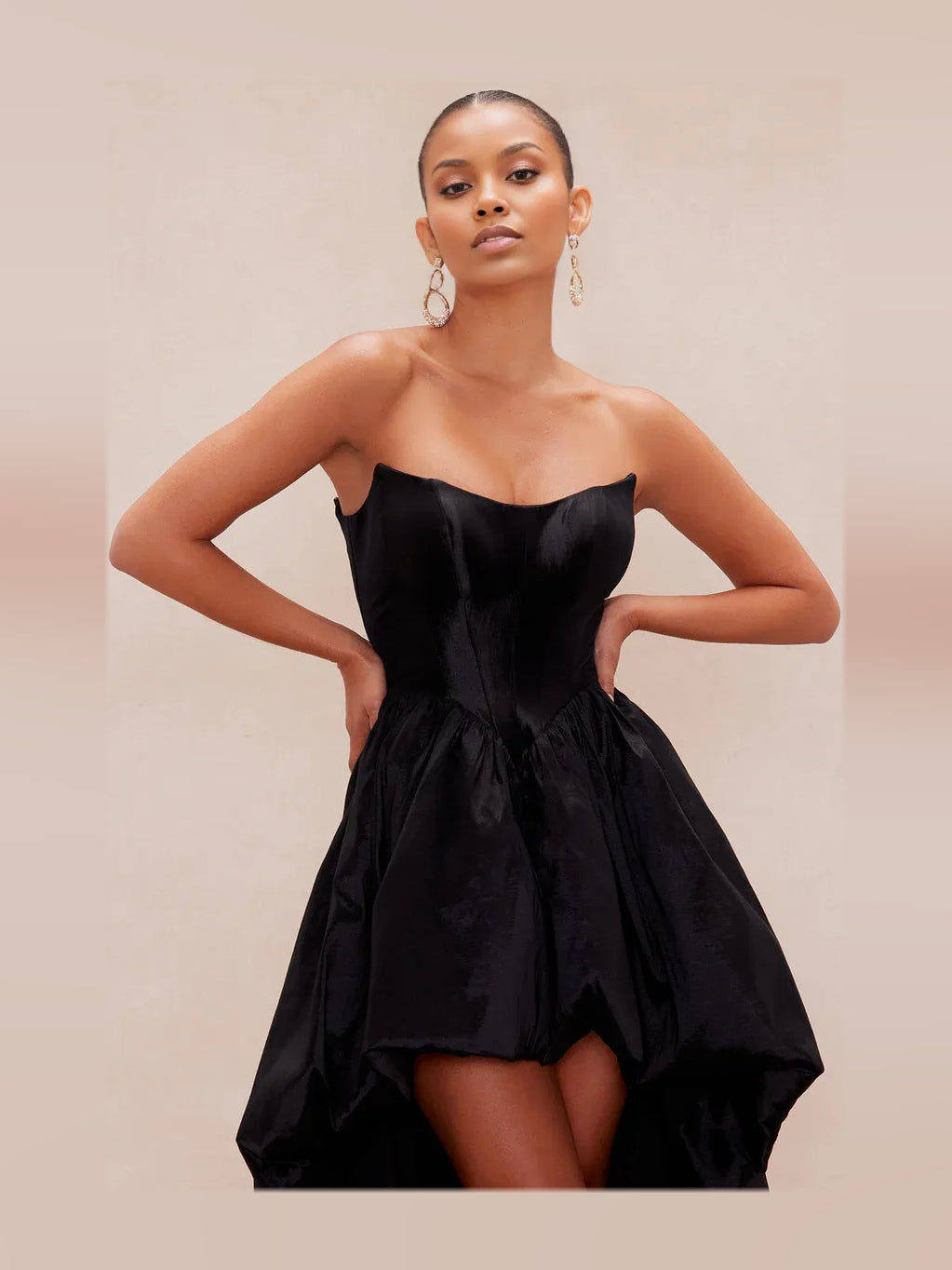 Black high-low prom dress, alternate view showing the overall dress design