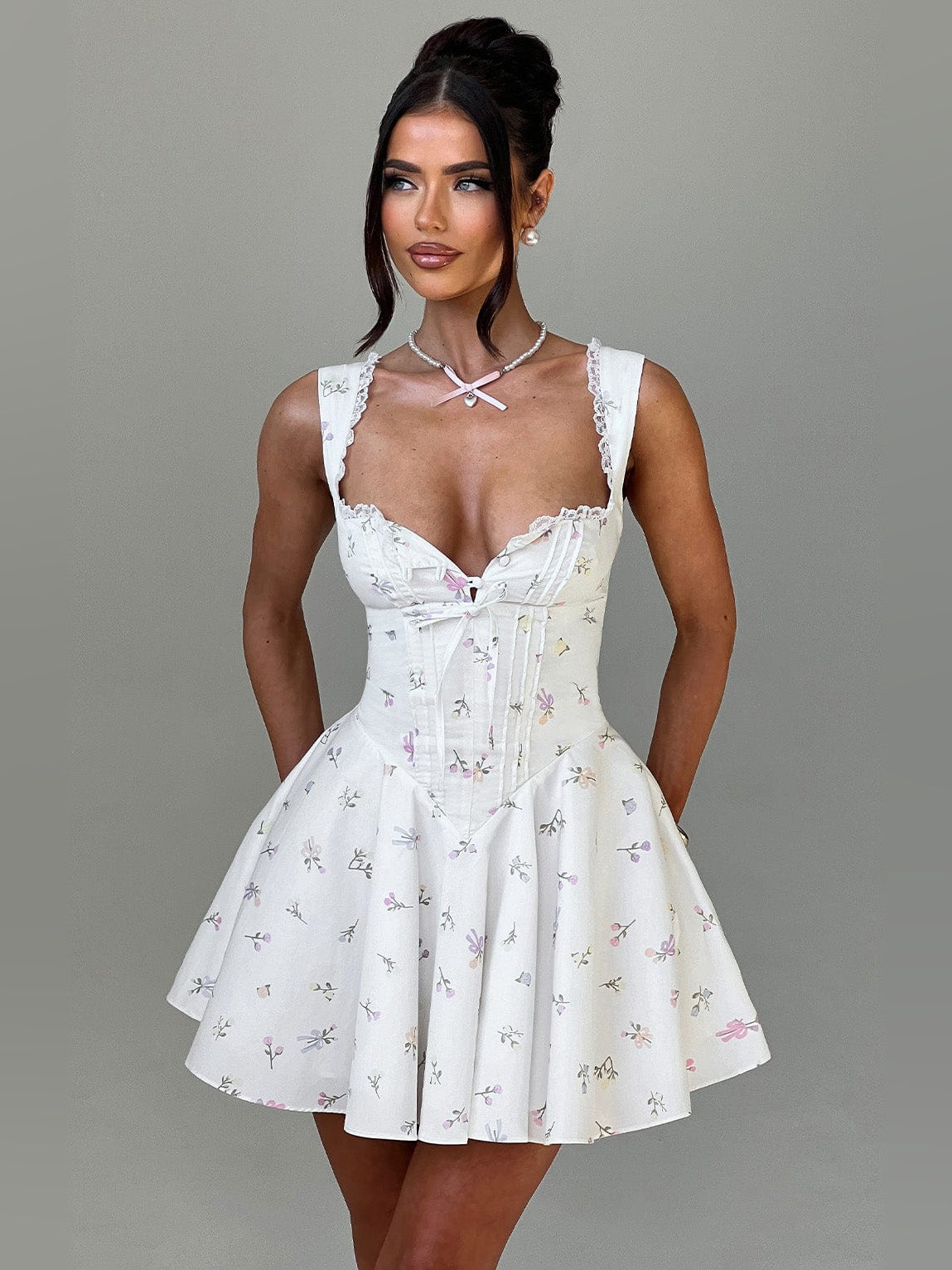 Floral mini homecoming dress, alternate view showing the overall dress design