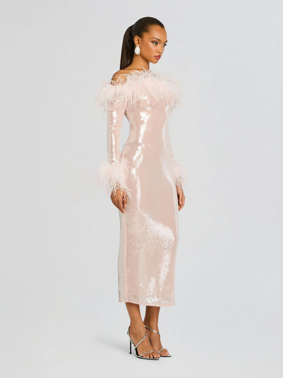 Pink midi formal dress with sequins, alternate view showing the waist