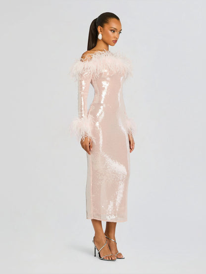 Pink midi formal dress with sequins, alternate view showing the waist