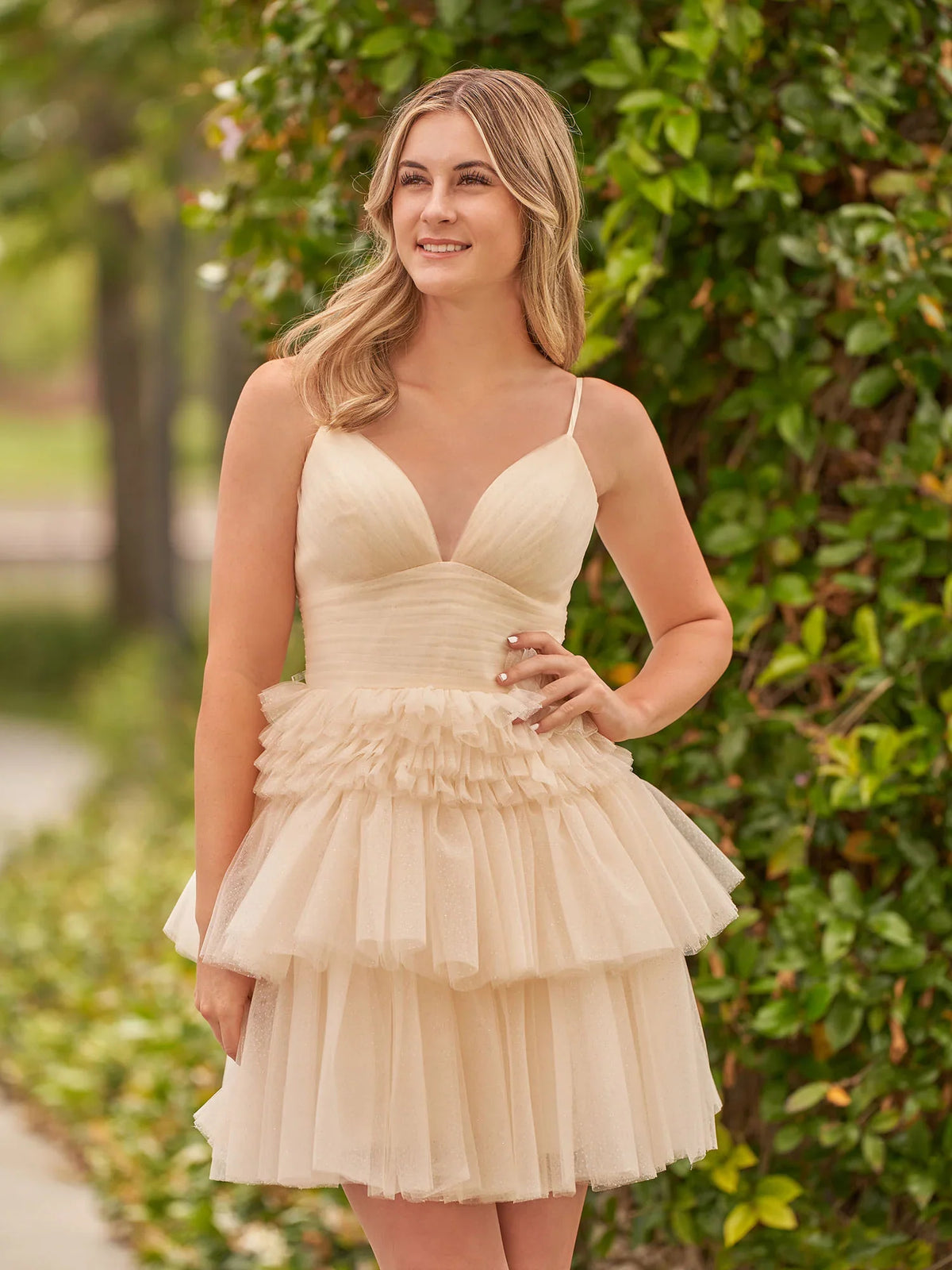 Blush Pink mini homecoming dress, alternate view showing the overall dress design