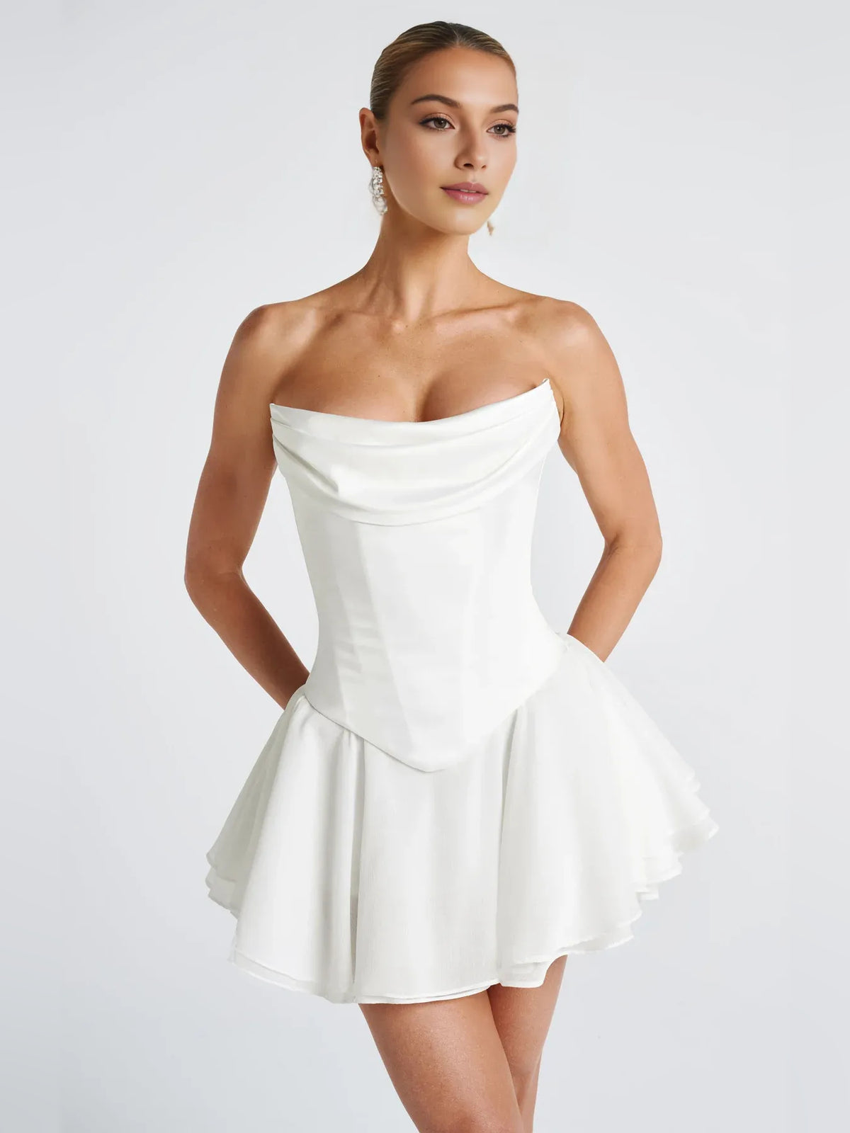 White mini homecoming dress, alternate view showing the overall dress design