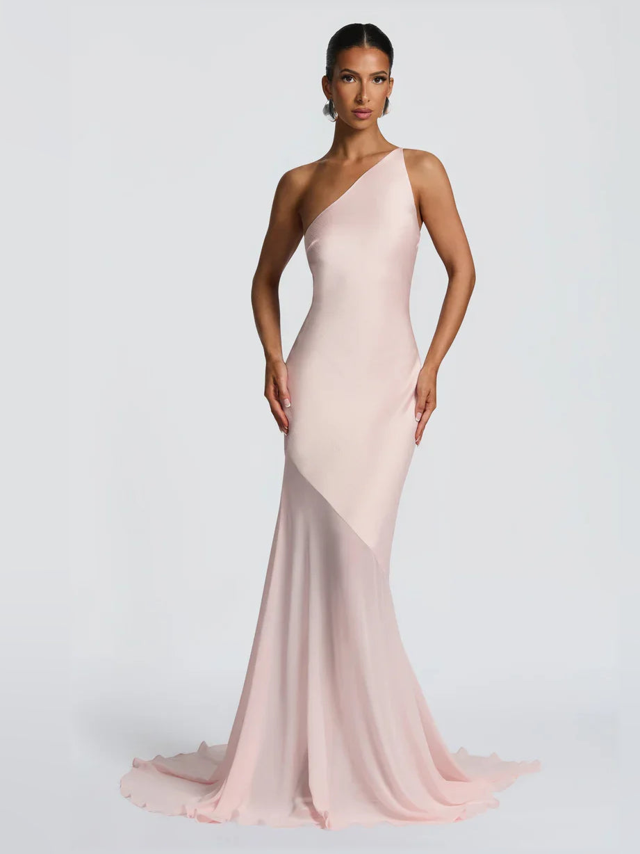 Blush Pink mermaid floor-length formal dress with one-shoulder neckline, alternate view showing the waist