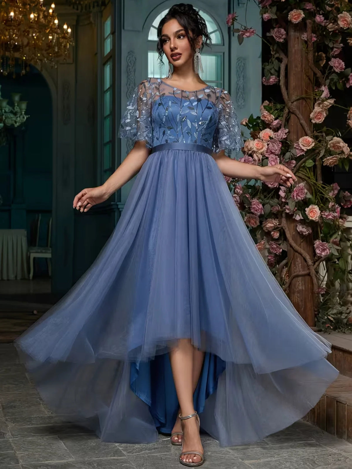Slate Blue maxi prom dress, alternate view showing the overall dress design