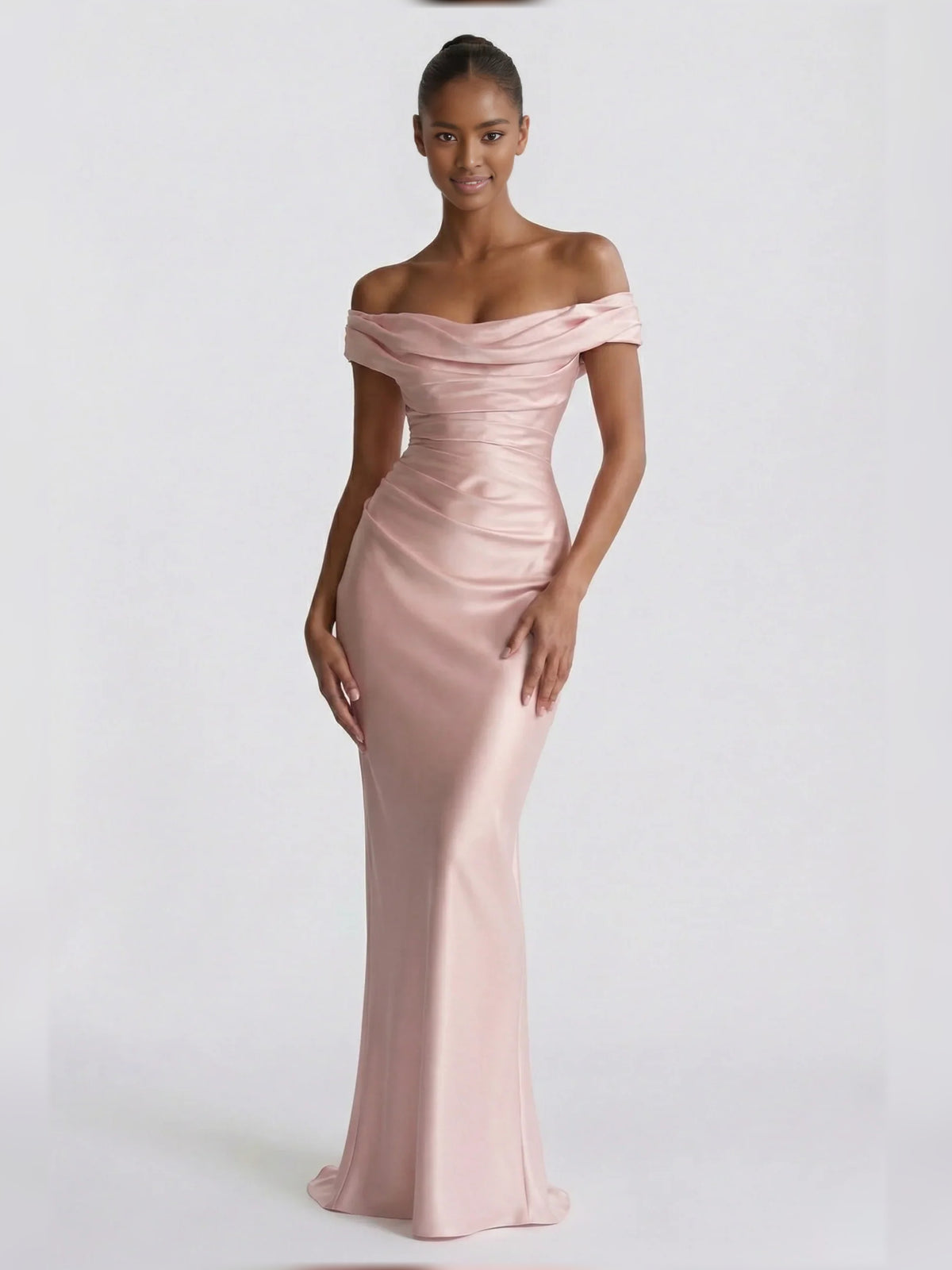 Blush Pink sheath floor-length formal dress with ruching, alternate view