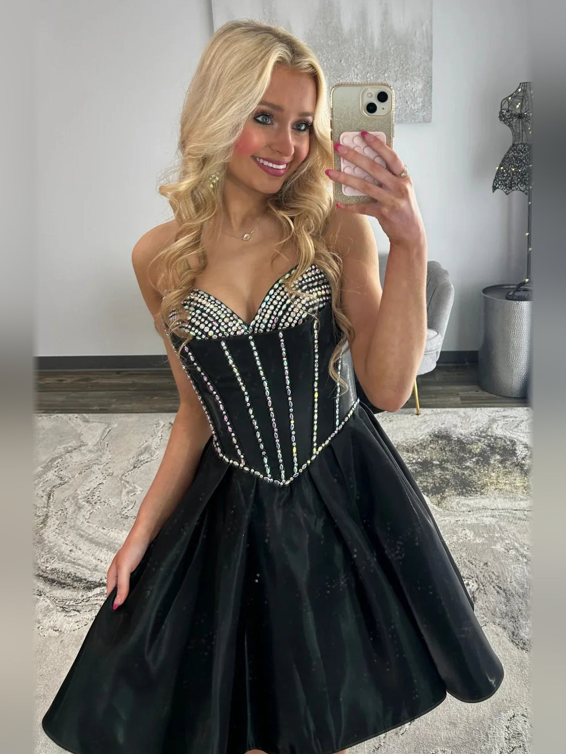 Black short homecoming dress, alternate view showing the overall dress design