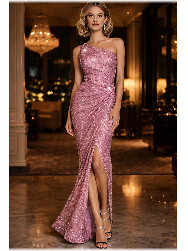 Dusty Rose mermaid floor-length formal dress with ruching, alternate view