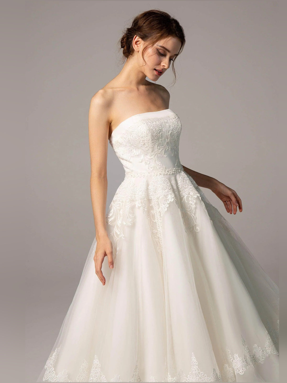 Ivory short wedding dress, alternate view showing the overall dress design