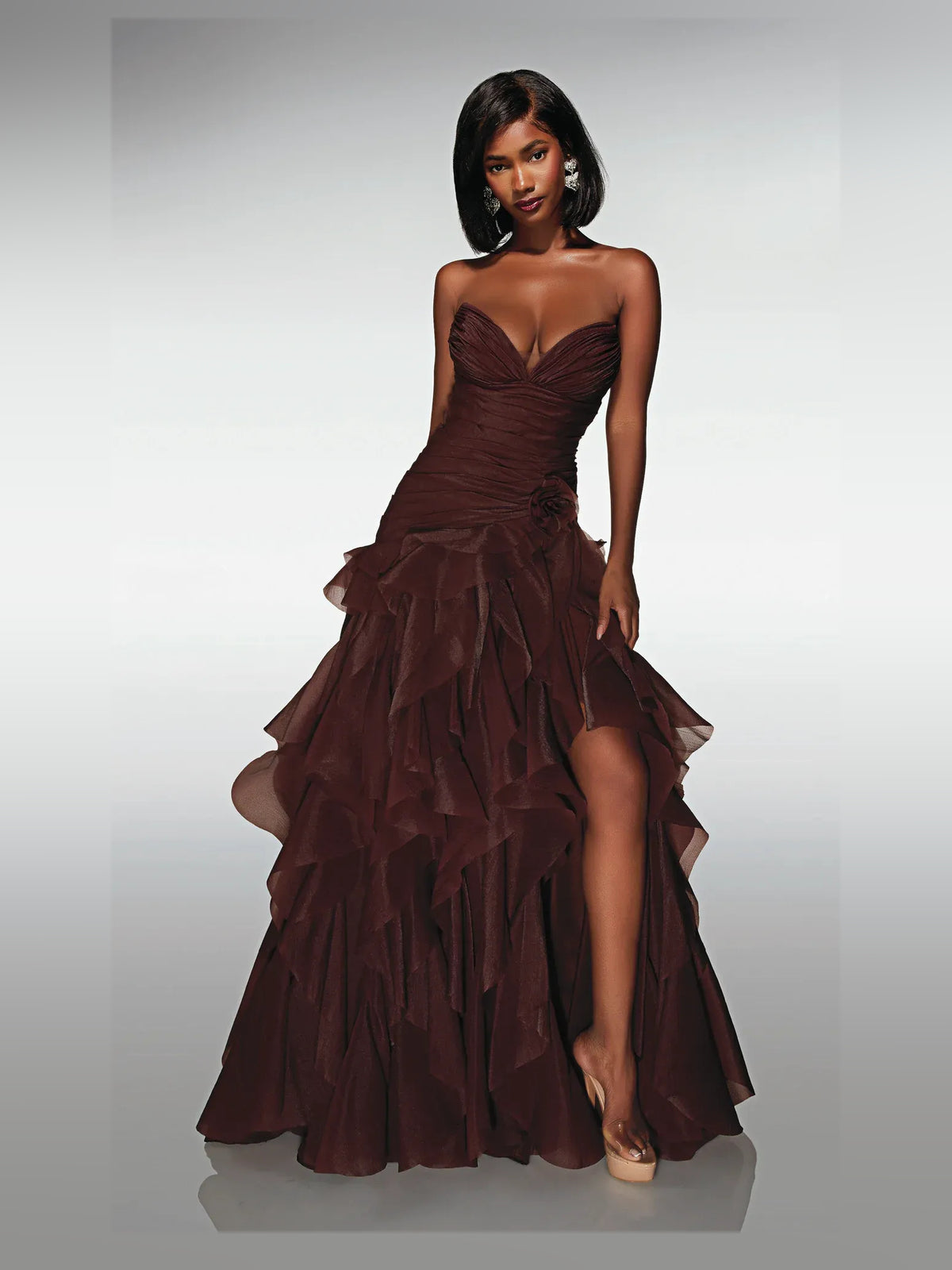 Chocolate high-low prom dress, alternate view showing the overall dress design