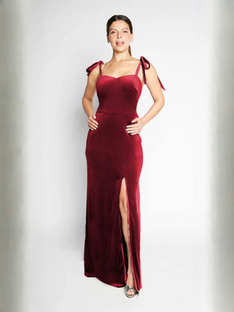 Burgundy maxi bridesmaid dress, alternate view showing the overall dress design