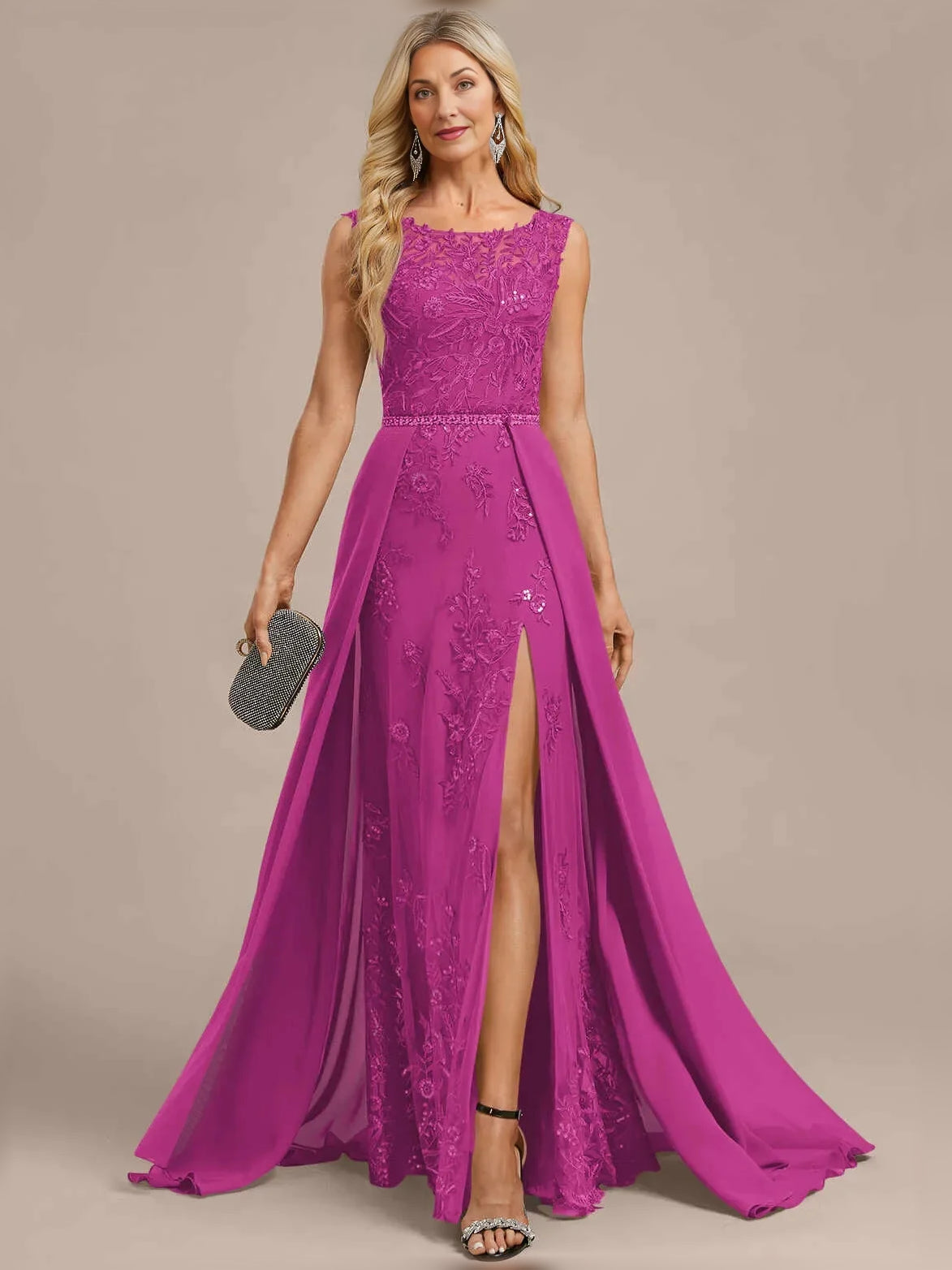 Hot Pink floor-length mother of the bride dress, alternate view showing the overall dress design